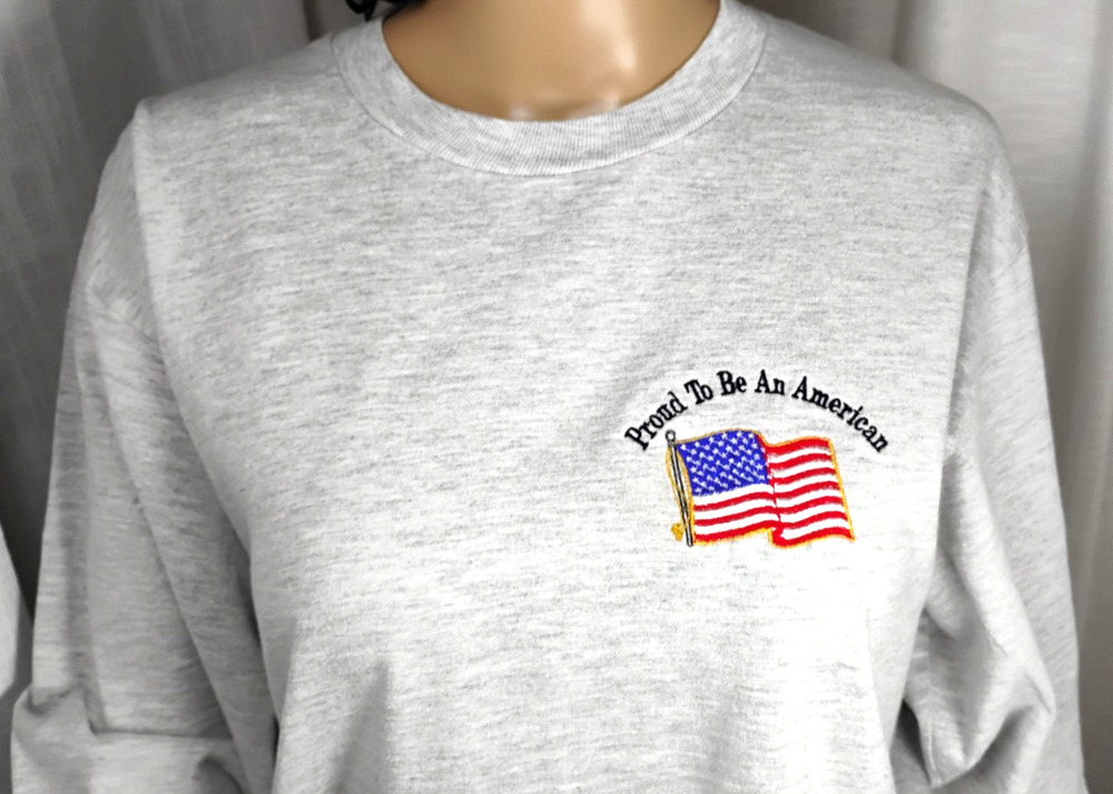 Jerzees Heavyweight Long Sleeve Tee American Flag Embroidered Heather Gray